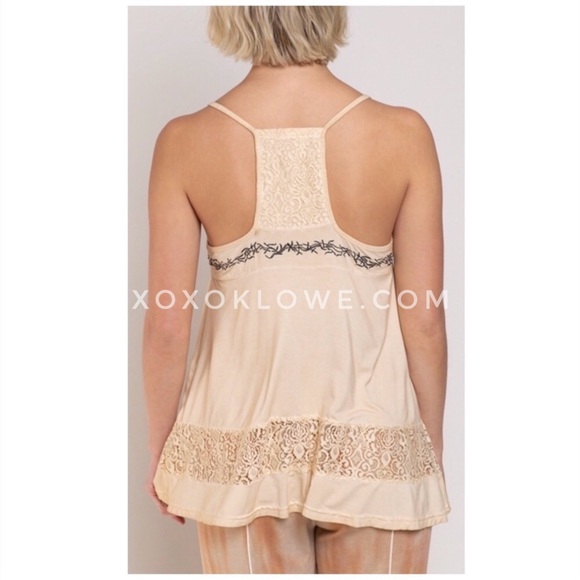 POL Beige Embroidered Lace Inset Sleeveless Racerback Cami Top - Picture 5 of 14